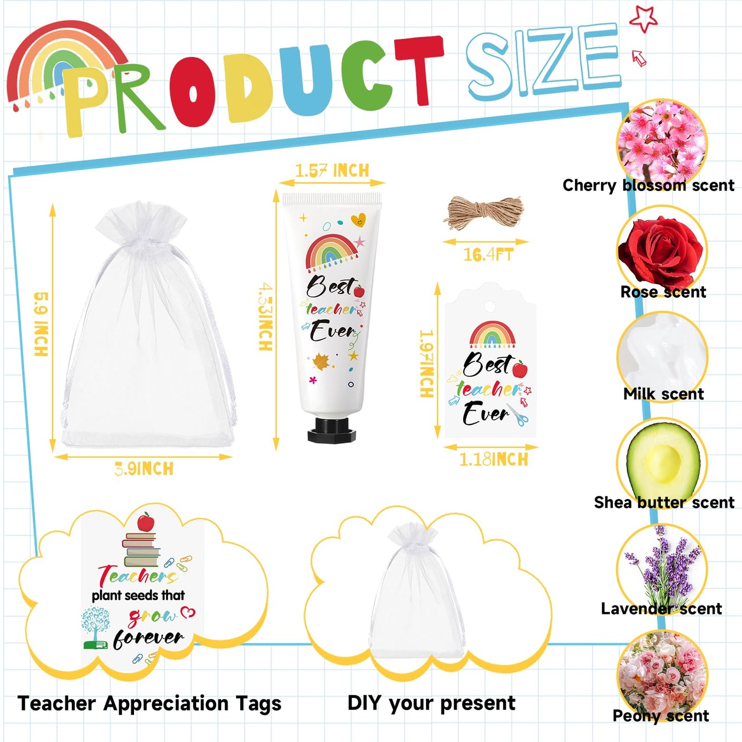Dimsile 36 Set Valentine's Day Gifts for Teacher Appreciation Hand Cream Moisturizing Hand Lotion Thank You Teacher Gifts Travel Size with Cards Organza Bags for Dry Cracked