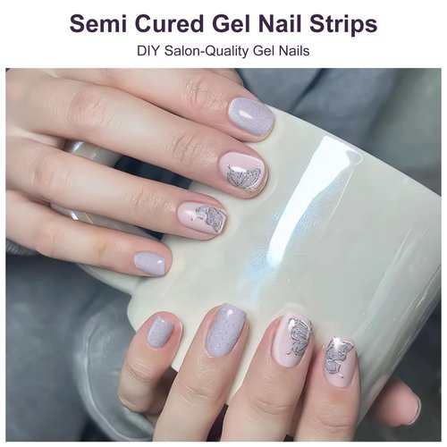 Semi Cured Gel Nail Strips,28 PCS Gel Nail Stickers Full Nail Wraps (Shiny Black Silver),Gel Stickers for Nails UV Light, Long Lasting UV Nail Strips Includes Prep Pads, Nail File & Wood Stick