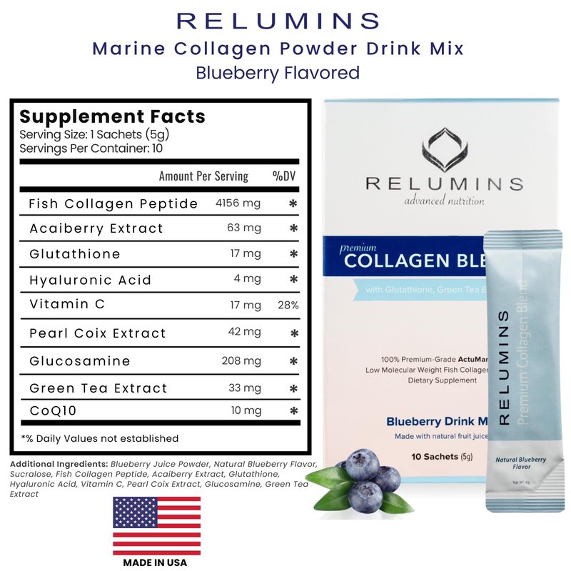 Relumins Marine Collagen Drink Mix 5000mg Type I, II, III Peptides with Glutathione, Green Tea, CoQ10 & Hyaluronic Acid for Smooth Glowing Skin - Blueberry Flavor - 20 Sachets + 2 Free
