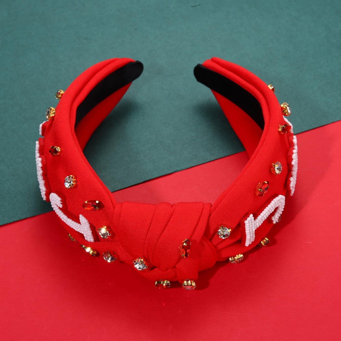 NVENF Joy Red Christmas Hairband for Women - Wide Top Knot Holiday Headband with Crystal Pearl Embellishments - Festive Hair Accessory for Holiday Outfits, Gifts, and Parties