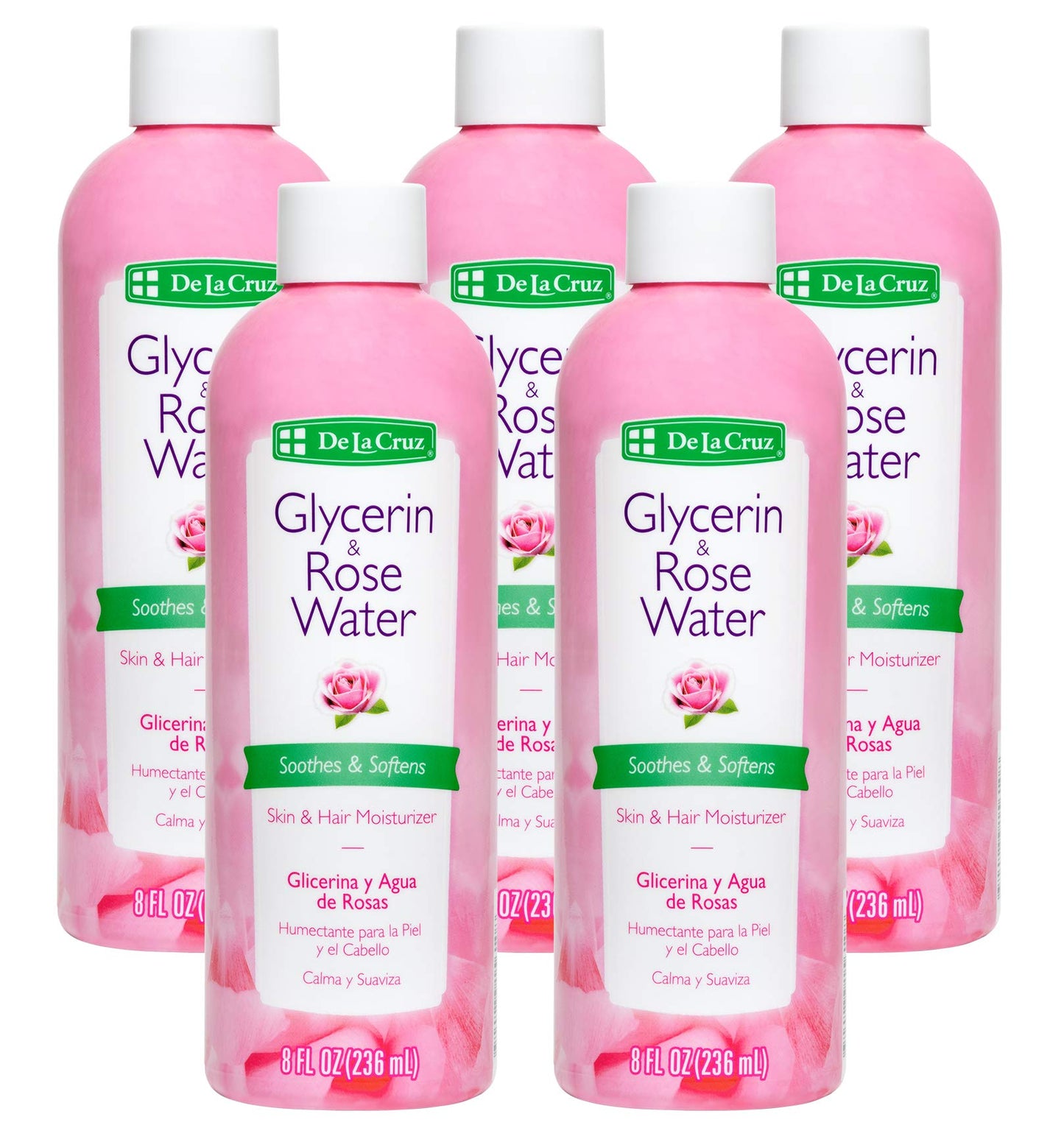 De La Cruz Rose Water and Glycerin for Face - Rosewater Facial Toner and Moisturizer for Skin and Hair 8 fl oz (236 mL) - 5 Bottles