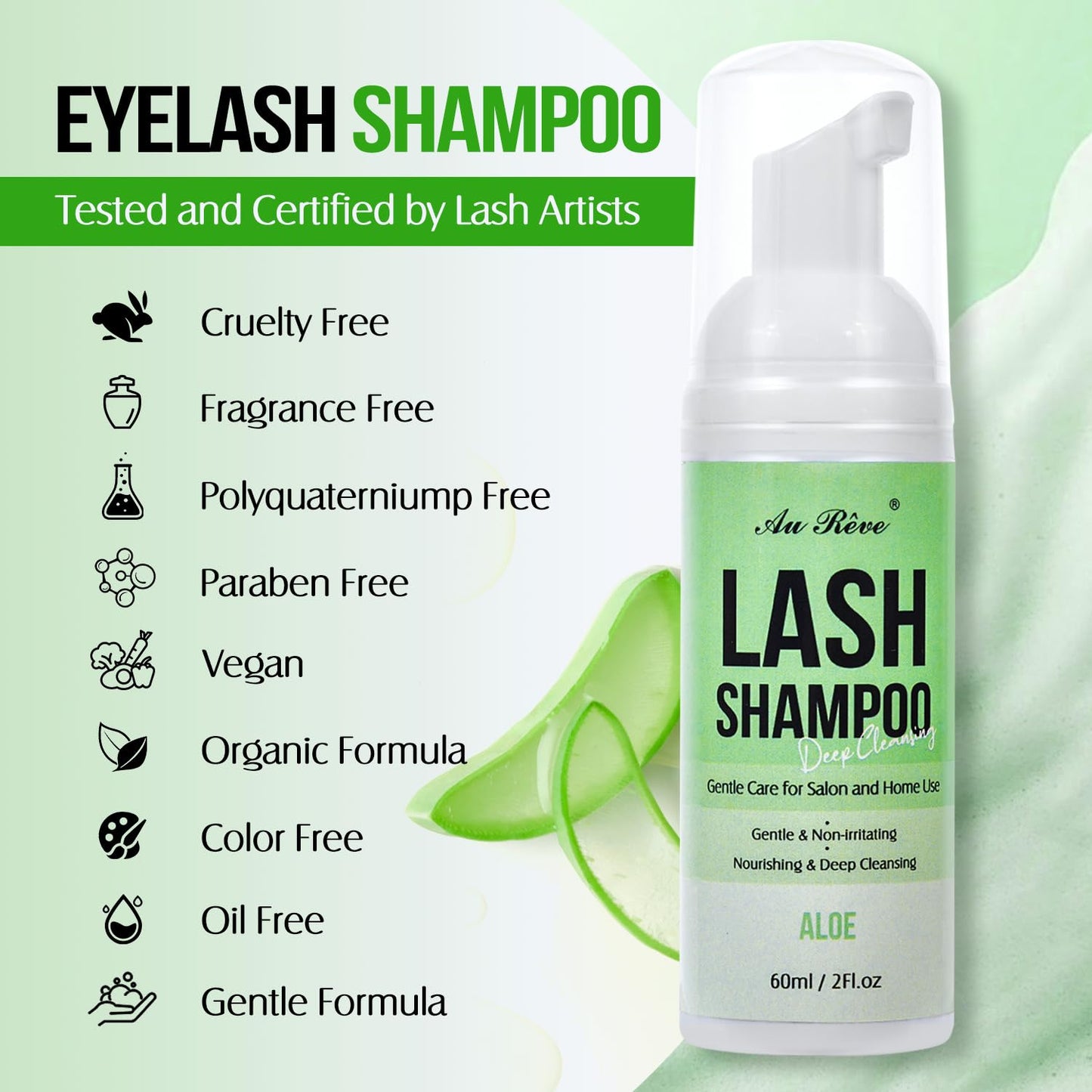 Lash Shampoo for Lash Extensions 60 Ml/2fl.oz Eyelash Extension Cleanser Oil Free Lash Cleanser for Eyelash Care, Gentle Foaming Eyelash Shampoo with Brush for Salon Home Care (Aloe 60ml)
