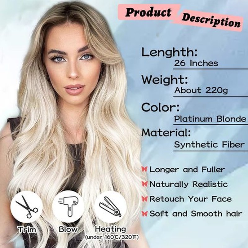 NAYOO Long Wavy Wigs for Women Middle Part Wavy Curly Wig with Dark Roots Synthetic Heat Resistant Fiber Women Wigs for Daily Party Use (Ombre Platinum Blonde)