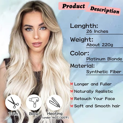 NAYOO Long Wavy Wigs for Women Middle Part Wavy Curly Wig with Dark Roots Synthetic Heat Resistant Fiber Women Wigs for Daily Party Use (Ombre Platinum Blonde)