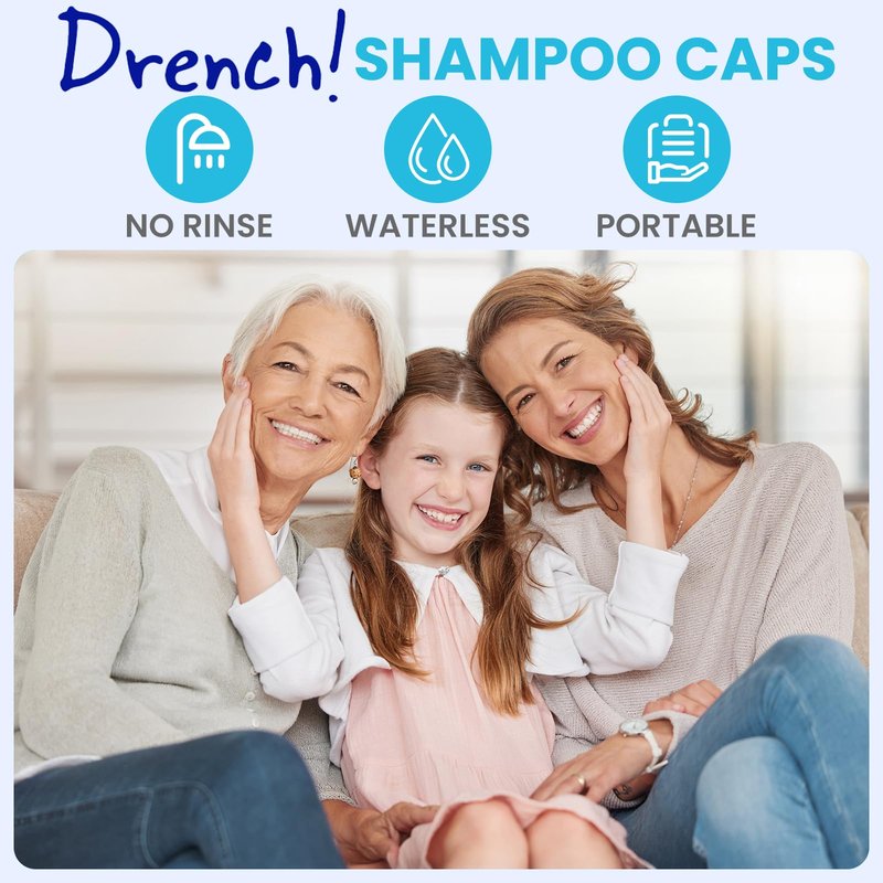 Drench Shampoo Caps No Rinse - Waterless Shampoo Cap and Conditioner - Dry Hair Wash Caps for Elderly or Bedridden - Contains Aloe Vera, Vitamin E and Provitamin B5-6 Counts