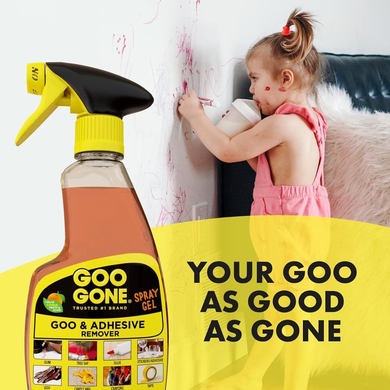 Goo Gone Spray Adhesive Remover Gel 12 Oz with Scraper, Removes Glue, Stickers, Tape Residue, Grease, Gum & Wax, Adhesive Spray with Citrus Cleaning Power for Hard Surfaces, Carpets & Fabrics