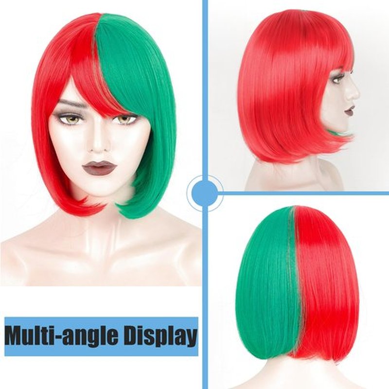 WeKen Red and Green Wig for Women Girls Short Bob Half Green Half Red Wig with Bangs for Women Cosplay Synthetic Wig Daily Party
