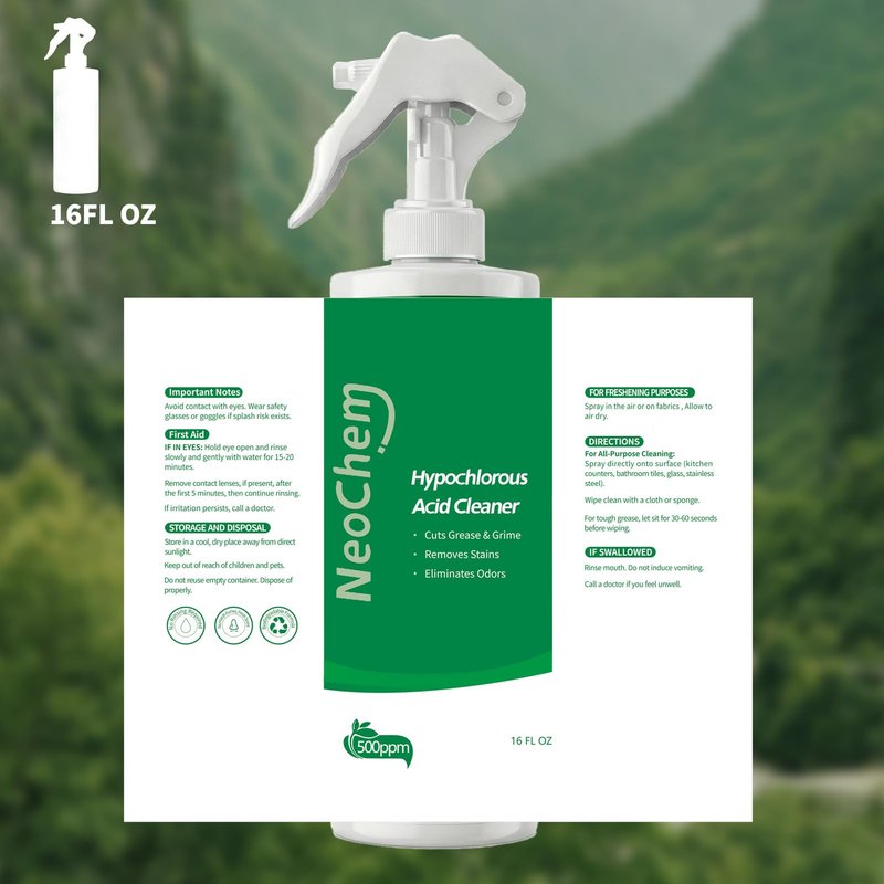 NeoChem Hypochlorous Acid Spray For Cleaning, 500ppm Hypochlorous Acid,Cuts Grease, Removes Stains, Eliminates Odors - No Rinse, No Harsh Fumes, Biodegradable