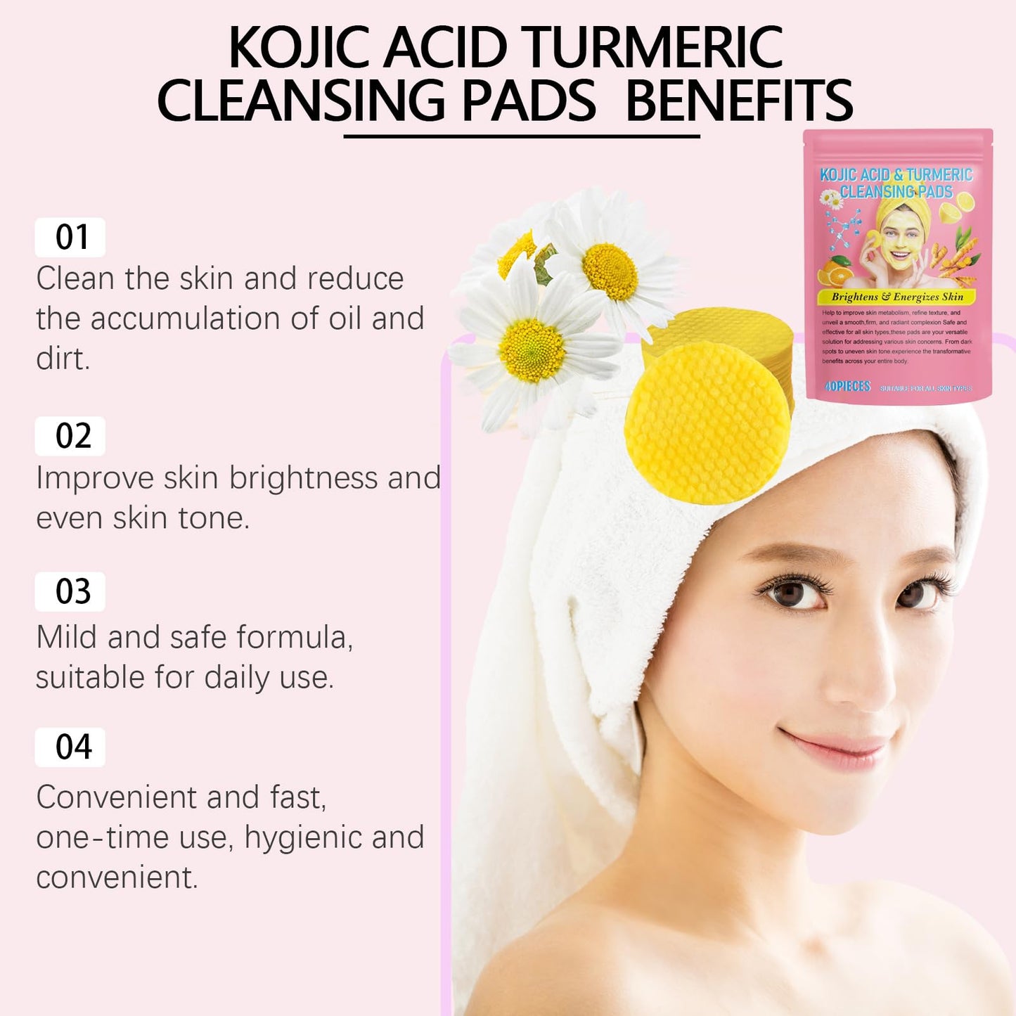 eveloria Turmeric Kojic Acid Cleansing Pads, Vitamin B5, Vitamin C Helps Balance Skin, 40 Sugar Turmeric Cleansing Pads for Face