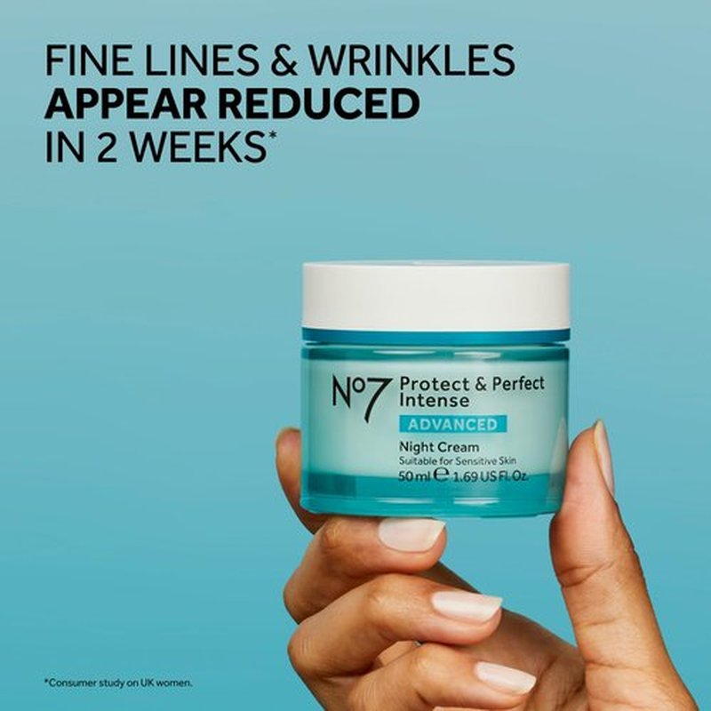 No7 Protect & Perfect Intense Advanced Night Cream - Vitamin E & Shea Butter Face Cream - Fine Line Reducing Moisturizer with Collagen Peptide Technology (1.69 fl oz)