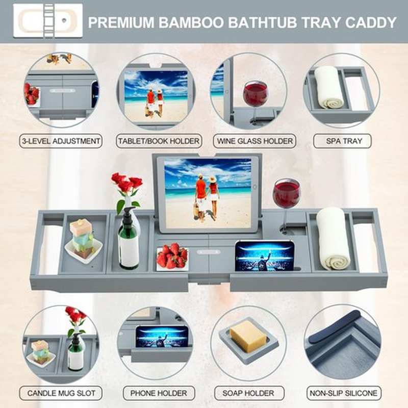 Premium Bamboo Bathtub Caddy Tray - Bath Tray - Bath Tub Tray Table for Bathtub - Bath Caddy Tray for Bathtub, Expandable Size, Fits Most Bath Tubs - Grey
