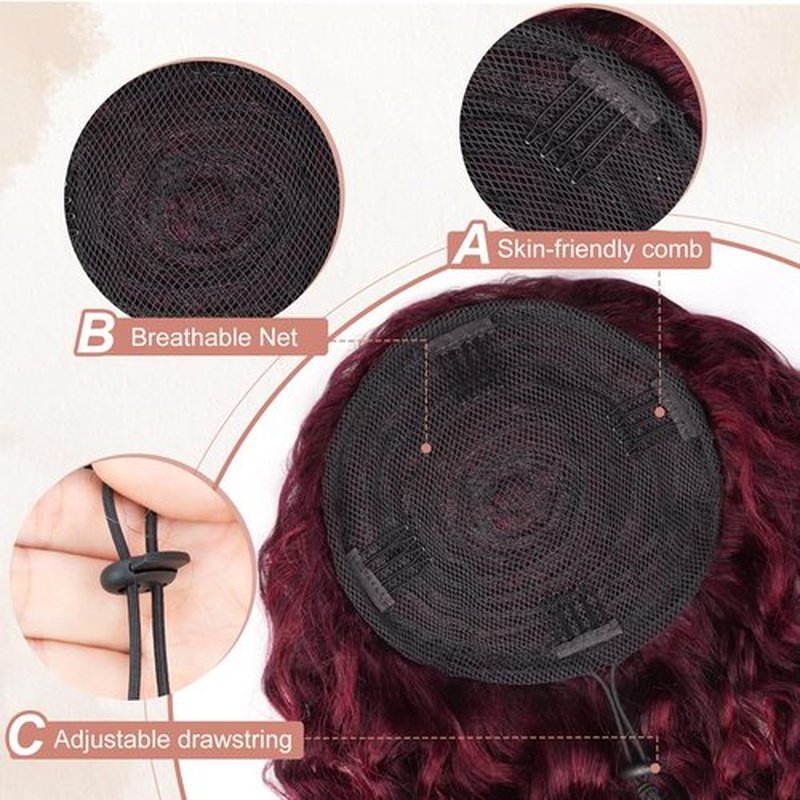ALXNAN Wavy Curly Ponytail Extension, 8" Ombre BUG Drawstring Ponytail For Black Women Short Soft Natural Synthetic Hairpiece Thick For Daily Use