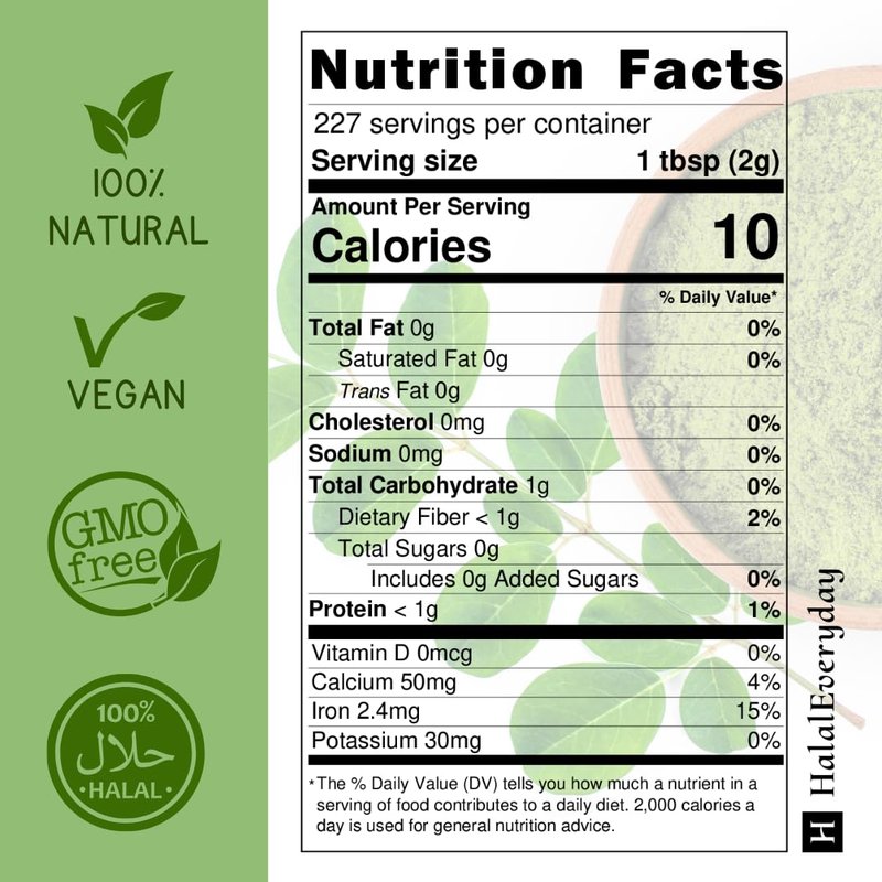 HalalEveryDay Moringa Leaf Powder, 100% Pure Vegan Supplement, Energy Booster, Ingredient for Multi-Vitamin Smoothies, 1lb / 16oz Bag