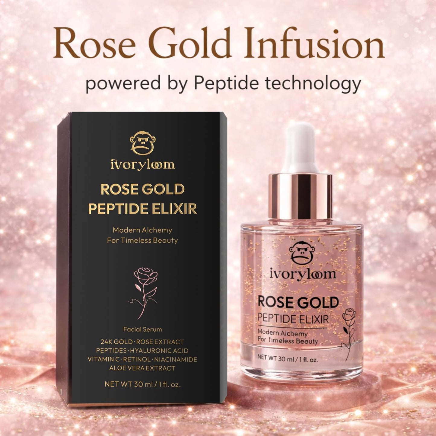 ivoryloom Rose Gold Peptide Elixir Face Serum | 24K Gold, Rose Extract, Peptides, Hyaluronic Acid, Vitamin C & Niacinamide | Luxury Hydrating Brightening Serum for Radiant Skin | 1 fl oz