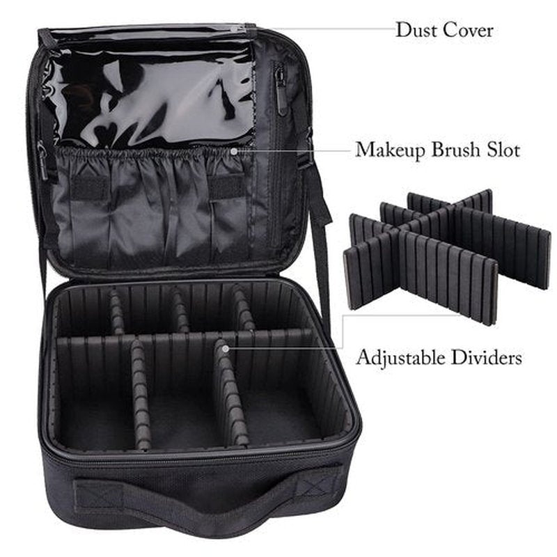 gzcz Travel Makeup Bag 10.4 Inches Portable Makeup Case Cosmetic Train Case Organizer Artist Storage Bag With Adjustable Dividers For Cosmetics Brushes Toiletry Jewelry Digital Accessories (Black)