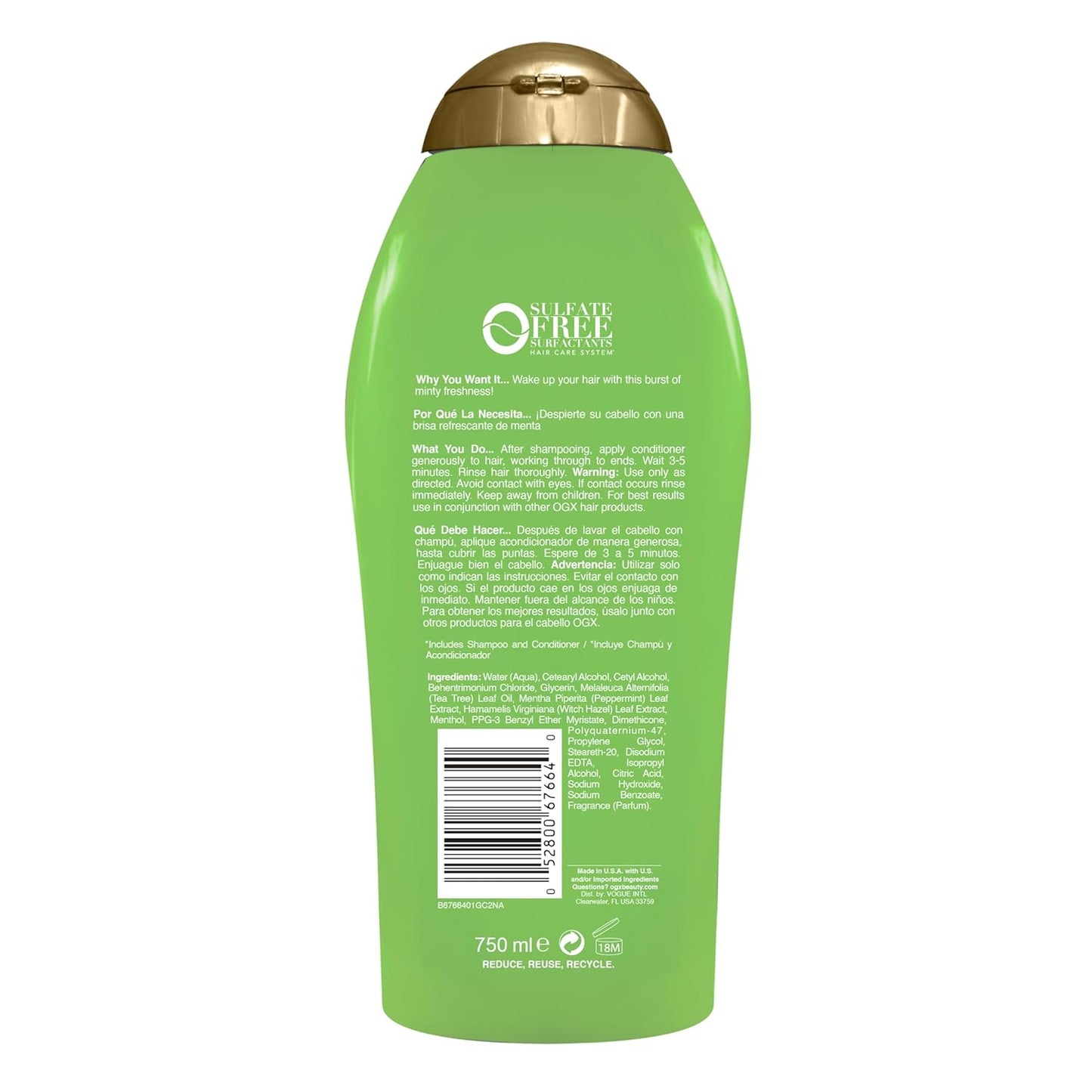 OGX Extra Strength Refreshing Scalp + Teatree Mint Conditioner, Invigorating Conditioner with Tea Tree & Peppermint Oil & Witch Hazel, Paraben-Free, Sulfate-Free Surfactants, 25.4 Fl Oz