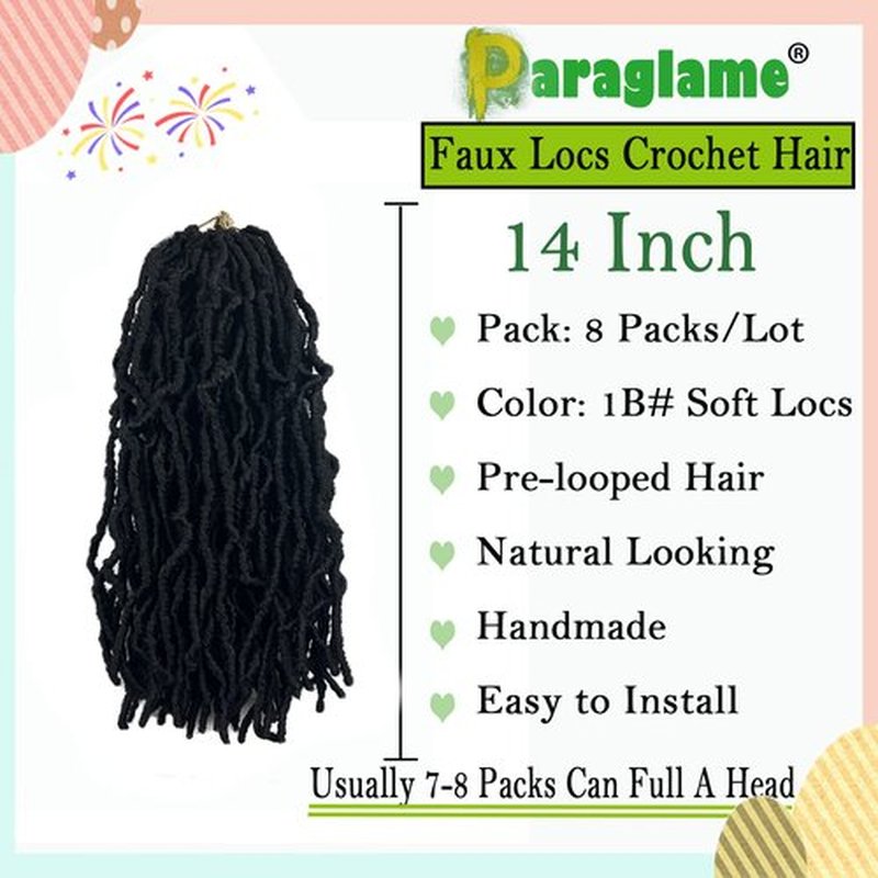 Paraglame Short Faux Locs Crochet Hair 14 Inch Soft Locs 8 Packs Natural Black Pre-Looped Crochet Hair, New Soft Faux Locs Curly Hair Extension, Goddess Locs Crochet Hair for Women (8 Packs, 1B#)