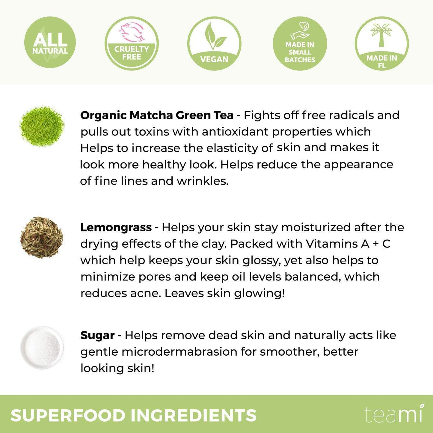 Teami Matcha Green Tea Facial Scrub For Hydrating, Moisturizing, and Exfoliating, Natural Exfoliating Body & Organic Face Exfoliator Sugar Scrub with Lemongrass, Non-Greasy Face Exfoliant
