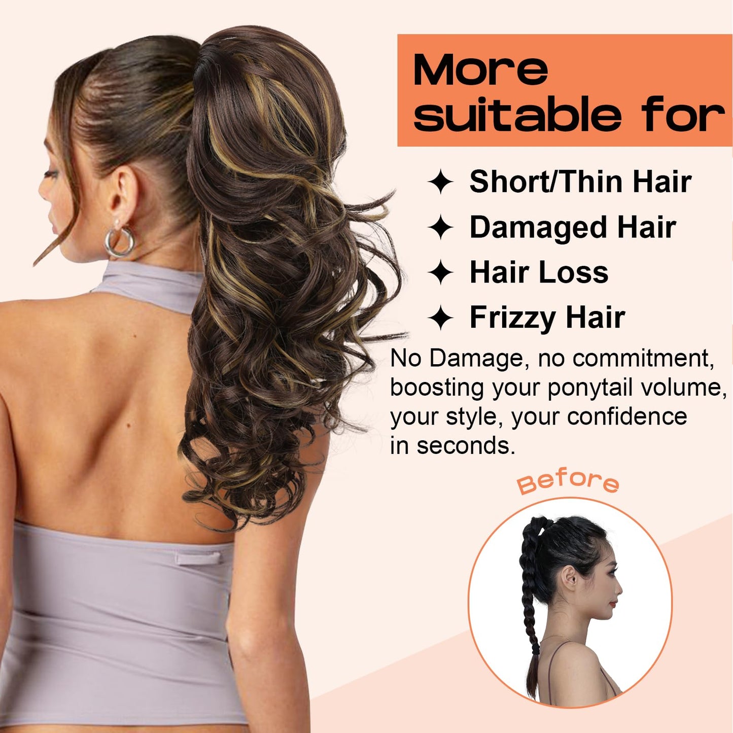 SEIKEA Ponytail Extension, 22" Long Wavy Curly Drawstring Ponytail Multi-layered Fluffy Thick Clip in Hair Extensions Ponytail Natural Soft Synthetic Hairpiece Dark Chocolate Brown