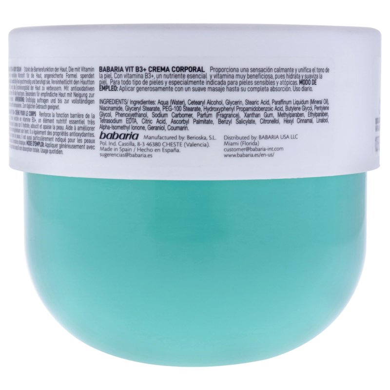 Babaria Vit B3+ Body Cream, 24 Hour Hydration, Sensitive and Atopic Skin, Essential Nourishment 13.5 FL. OZ