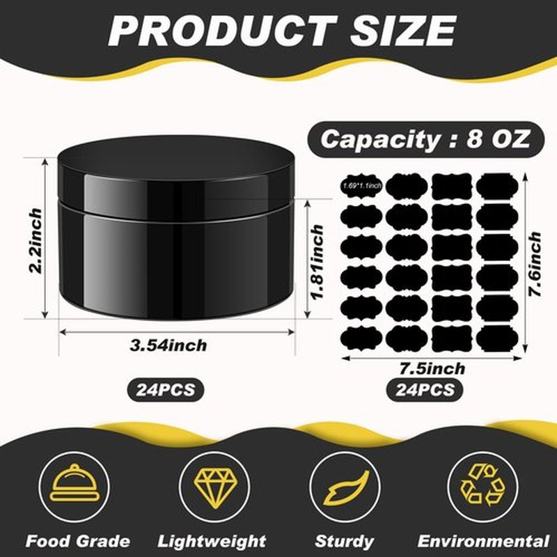 Dandat 24 Pcs Plastic Jars with Lid and Label PET Cosmetic Containers Leak Proof Empty Cosmetic Jars Refillable Storage Travel Jars for Lotion Cream Gel Powder Ointment(Black,8 oz)