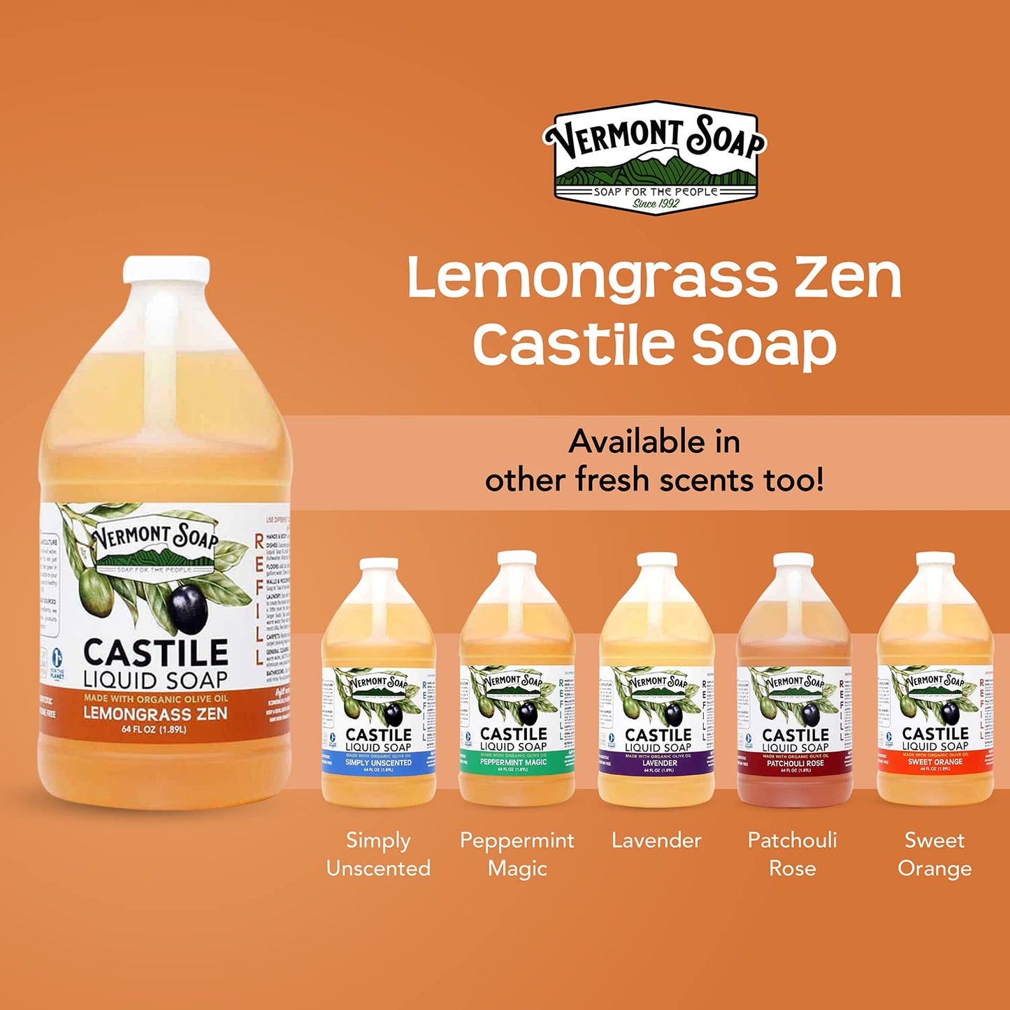 Vermont Castile Lemongrass Zen Soap, Gentle Liquid Soap for Sensitive Skin & Natural Body Wash, Organic Hair Shampoo for Oily Hair, Aloe Castile Soap for Men & Women - 64 Oz