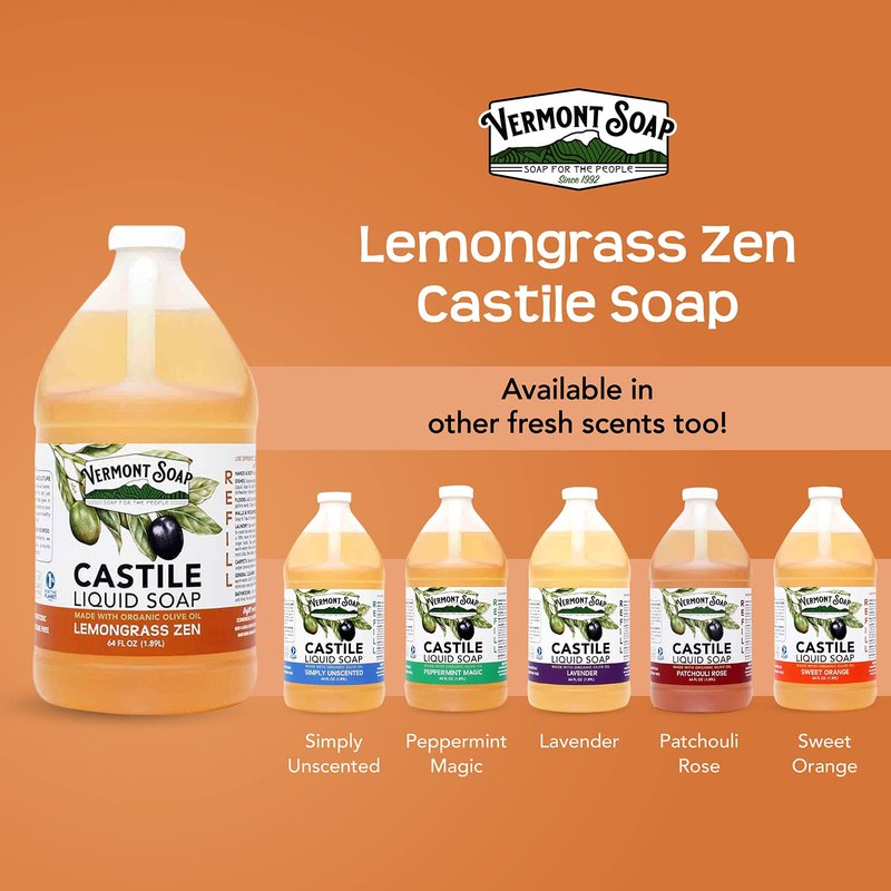 Vermont Castile Lemongrass Zen Soap, Gentle Liquid Soap for Sensitive Skin & Natural Body Wash, Organic Hair Shampoo for Oily Hair, Aloe Castile Soap for Men & Women - 64 Oz