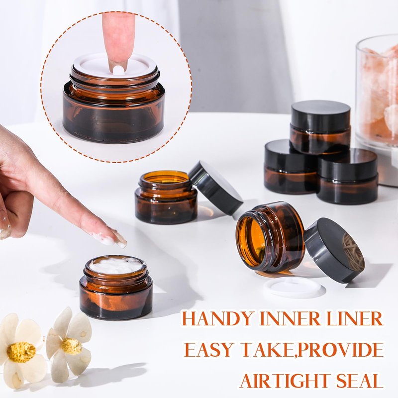 Domensi 60 Pcs 1oz Glass Jars with Lids Bulk Salve Tins Winter Cream Container Small Glass Cosmetic Jars for Travel Lip Balm with Inner Liners for Lotion Sample Cream(Amber, Black Lid)