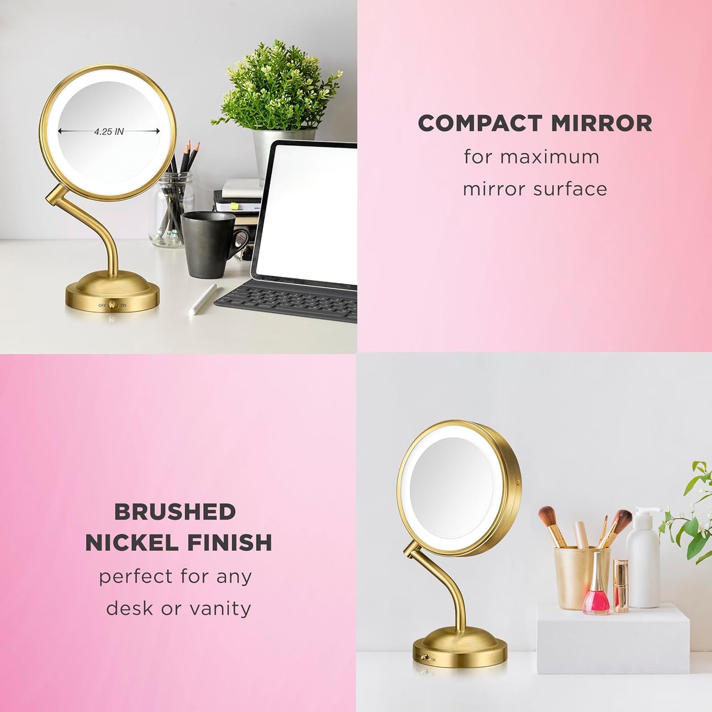 Conair Lighted Makeup Mirror, LED Vanity Mirror, 1X/10X Magnifying Mirror, Double Sided, Battery Operated in Rose Gold