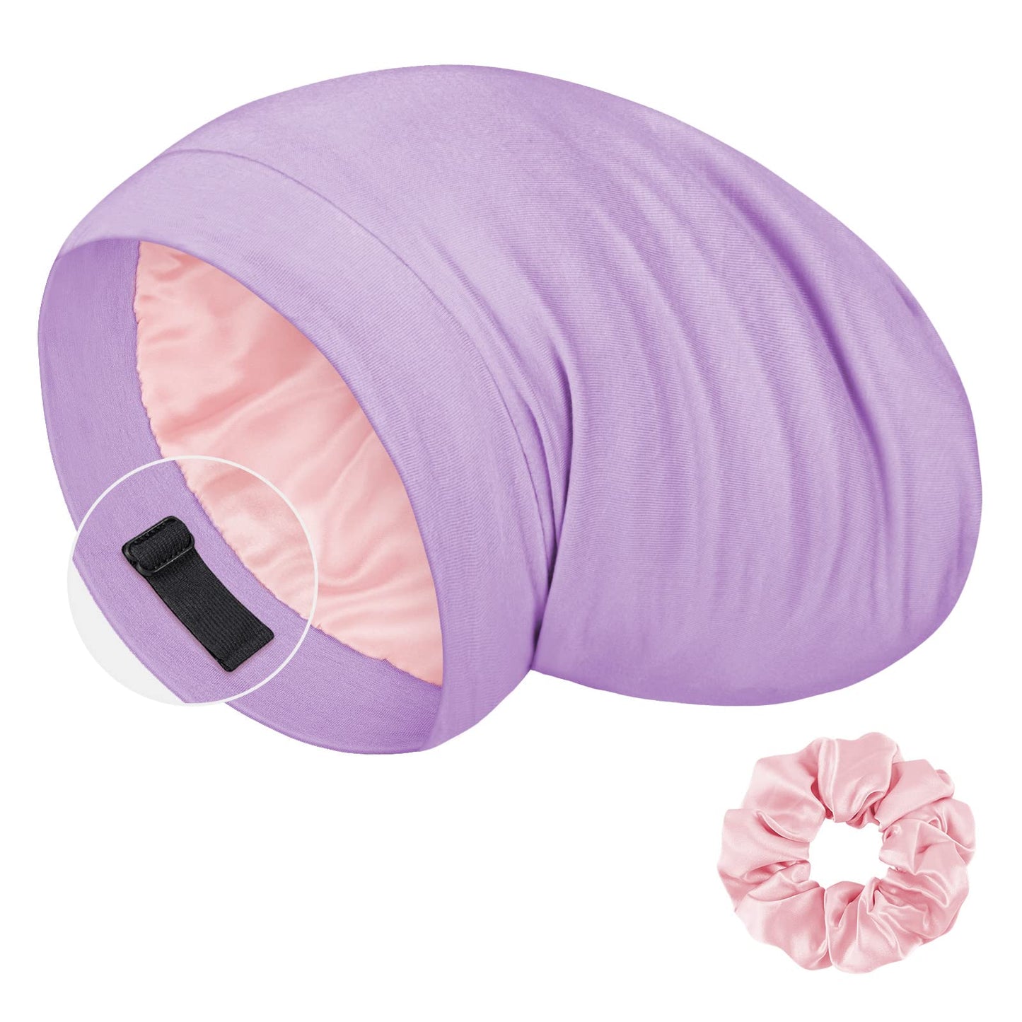 LULUSILK Mulberry Silk Bonnet for Sleeping Women, Real Silk Sleep Cap for Curly Hair and Braids, Pure Silk Head Wrap with Scrunchies, Lavender