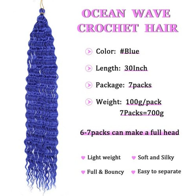 ZRQ Blue Ocean Wave Crochet Hair 30 Inch 7Packs Long Soft Deep Twist Crochet Hair Beach Curl Braiding Hair Wave Synthetic Braiding Hair Water Wave Curly Braiding Hair Extensions #Blue