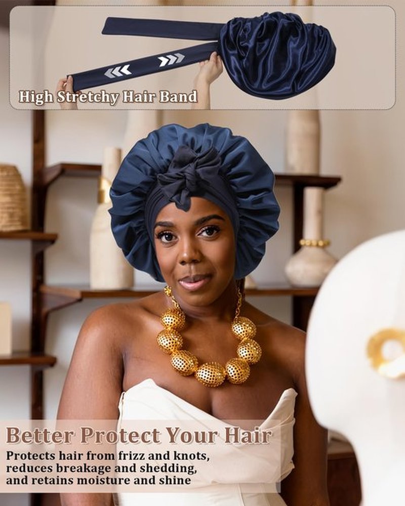 Reversible Satin Bonnet for Sleeping Women Silk Bonnet Double Layer Hair Bonnet with 2PCS Hair Scrunchies Elastic Tie Band Night Cap Hair Wrap for Natural Curly Hair (Navy Blue + Light Blue)