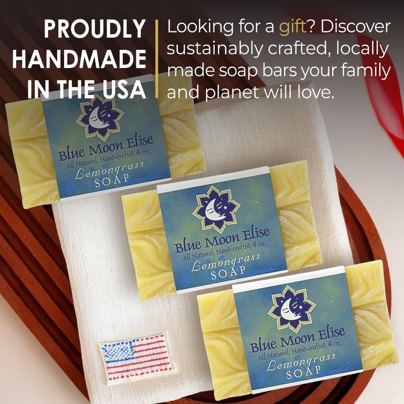 Blue Moon Elise All Natural Lemongrass Soap Bars, Scented with Premium Essential Oils, Handmade in the USA, Moisturizing and Therapeutic for Face/Body, For Sensitive Skin, For Men and Women (3 Pack)