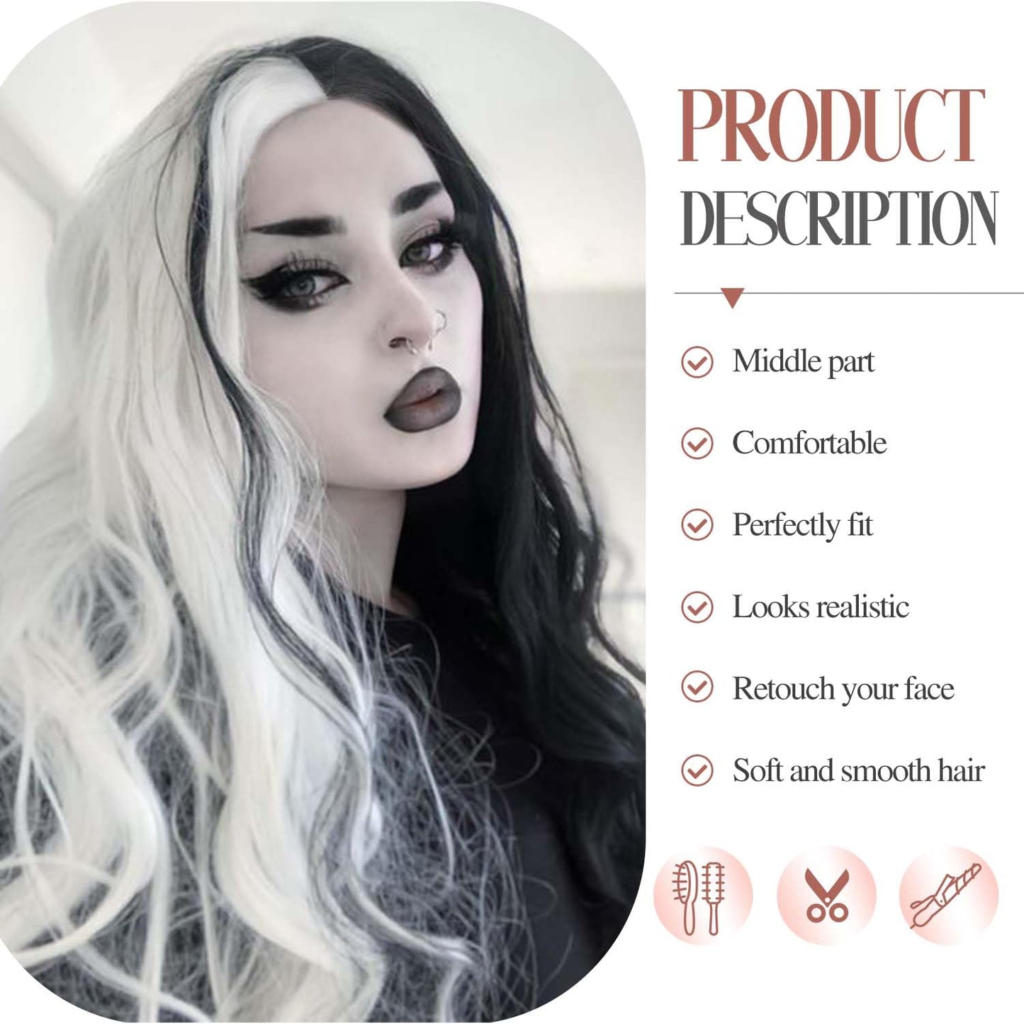 Fancy Hair Half Black Half White Long Curly Wavy Wigs Synthetic Long wavy Wig Daily Party Cosplay Wigs for Black Women 26"