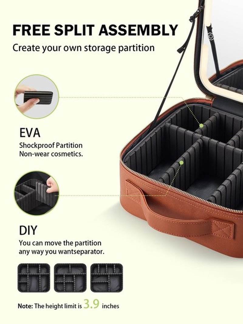 MIRRORNOVA Travel Makeup Bag with Lighted Mirror,Makeup Train Case with Adjustable Dividers and 3 Light Modes, PVC, Yellowish-brown