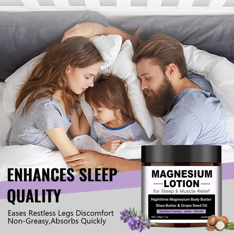 Magnesium Lotion for Sleep & Muscle Relief - Nighttime Magnesium Body Butter with Lavender, Shea Butter & Grape Seed Oil - Soothes Cramps, Joints & Nerves - Skin-Friendly & Kid-Safe, 7 oz