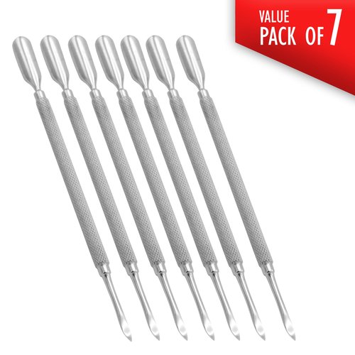 Pro Cuticle Pusher with 2 Ends - Stainless Steel Manicure Tool Sharp Edge Spoon Shaped Double Ended (Pack of 7)