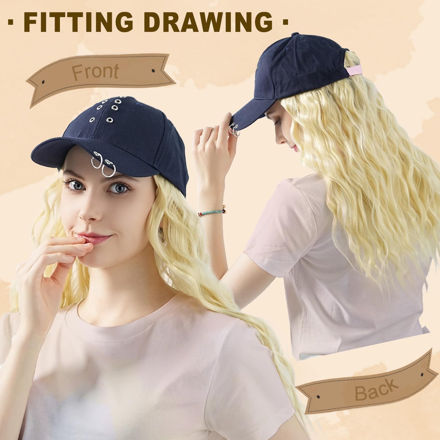 SUNBORRY Hat Wig for Women Baseball Cap with Hair hat with hair attached for women Extensions Adjustable Hat Attached 26" Long Wavy Hairpieces Synthetic Wig
