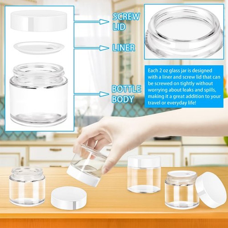 MotBach 4 Pack 2oz Glass Jars with Lids,Small Glass Jars with Lids and Inner Liners,60ml Empty Glass Jars Travel Toiletries Cosmetic Containers with Spatulas for Slime Sample Lip Balm Cream Lotion