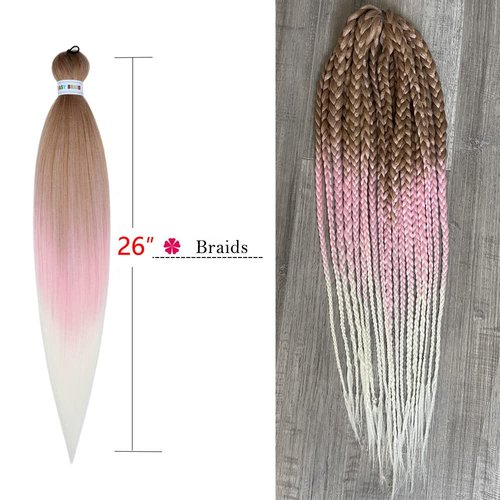 Newluyang Pre Stretched Braiding Hair,Top Silky Color Blend Synthetic Fiber Braid Hair Extensions,26inch 6packs three Color Yaki Texture Crochet Hair Extension Braids(Brown-Pink-Bleach Blonde).
