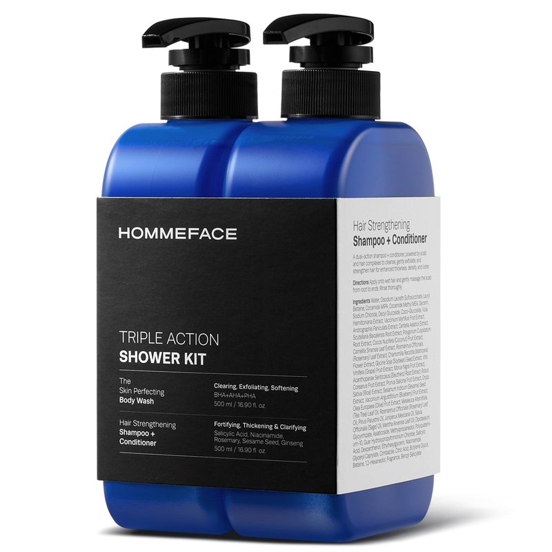 HommeFace Men’s Triple Action Shower Kit - 2 Piece Set with 2-in-1 Hair Strengthening Shampoo + Conditioner & Body Wash with Pump - Korean Skincare Technology for Body Acne and Scalp Health