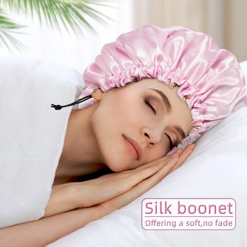 Satin Bonnet Silk Bonnet for Curly Hair Bonnet Braid Bonnet for Sleeping Bonnets for Women Large Double-Layer Adjustable(2Pcs Pink)