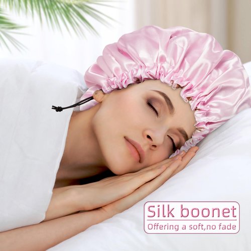 Satin Bonnet Silk Bonnet for Curly Hair Bonnet Braid Bonnet for Sleeping Bonnets for Women Large Double-Layer Adjustable(2Pcs Pink)