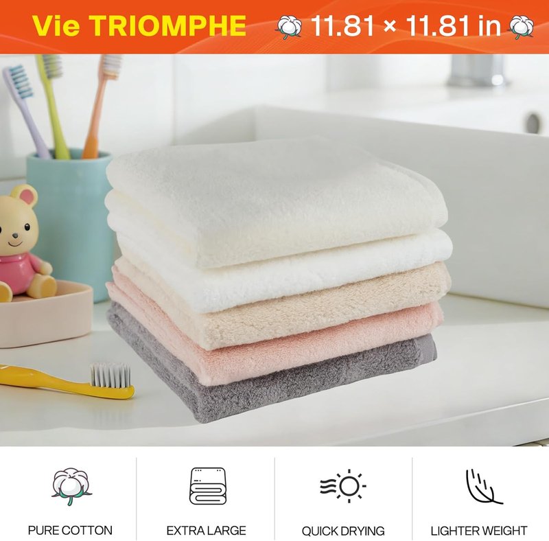 Cloud Soft Face Cloths Set of 5 - Zero Twist Cotton Makeup Remover | 12x12 Inch, Ultra Lightweight, Gentle for Sensitive Skin