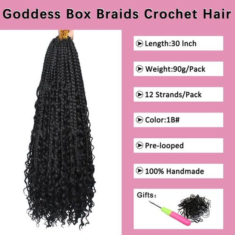 COOKOO 30 Inch Boho Box Braids 8 Packs Goddess Box Braids Crochet Hair Hippie Braiding Hair With Curly Ends Pre-looped Synthetic Crochet Hair for Black Women 1B#