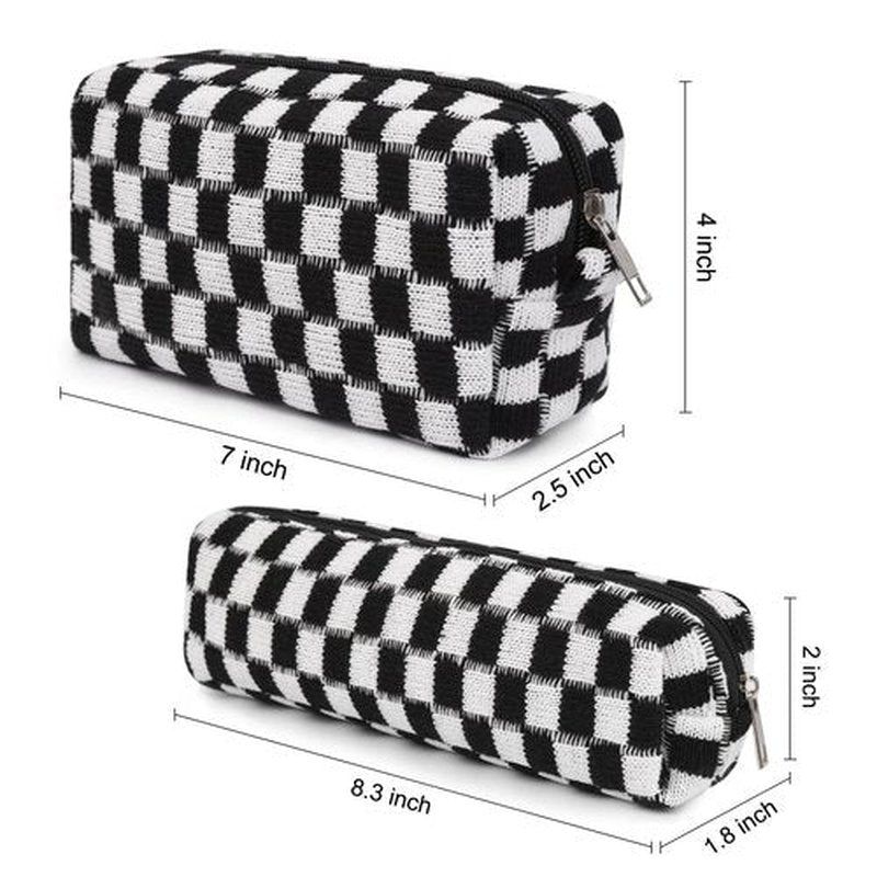 SOIDRAM Makeup Bag Checkered Cosmetic Bag Black Makeup Pouch 1Pcs Large Capacity Makeup Bags and 1Pcs Makeup Brushes Storage Bag Travel Toiletry Bag Organizer