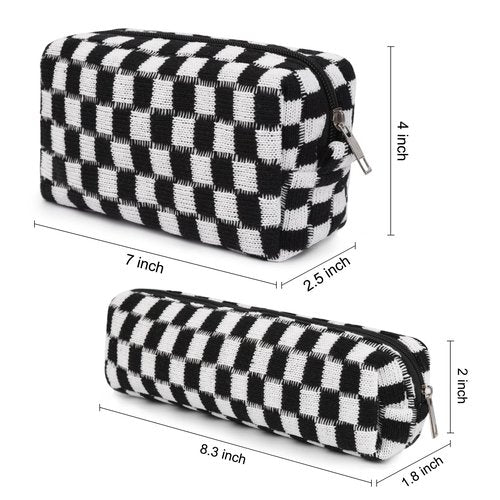 SOIDRAM Makeup Bag Checkered Cosmetic Bag Black Makeup Pouch 1Pcs Large Capacity Makeup Bags and 1Pcs Makeup Brushes Storage Bag Travel Toiletry Bag Organizer