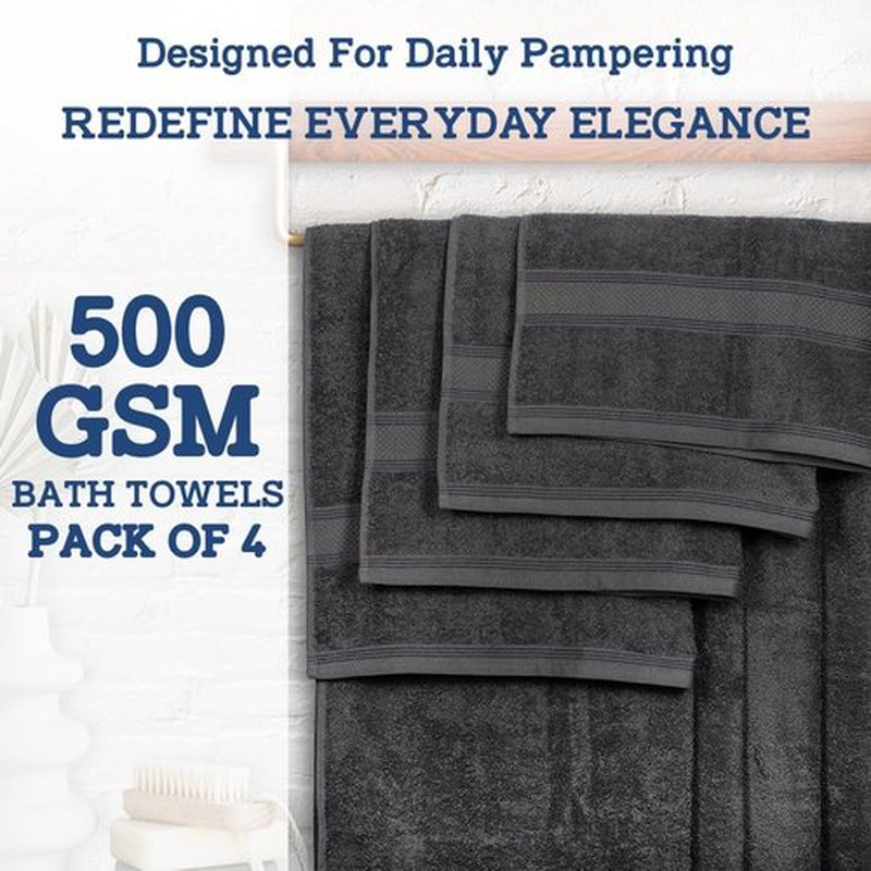 Casa Lino 4 Pack Bath Towels (27x54), 100% Pure Cotton, Luxury Bath Towels, Lightweight & Highly Absorbent, Quick Drying Towels for Bathroom, for Daily Use Bathroom, Charcoal