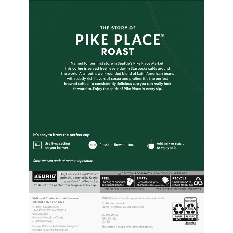Starbucks K-Cup Coffee Pods, Medium Roast Hot or Iced Coffee, Pike Place Roast, 96 Keurig Pods