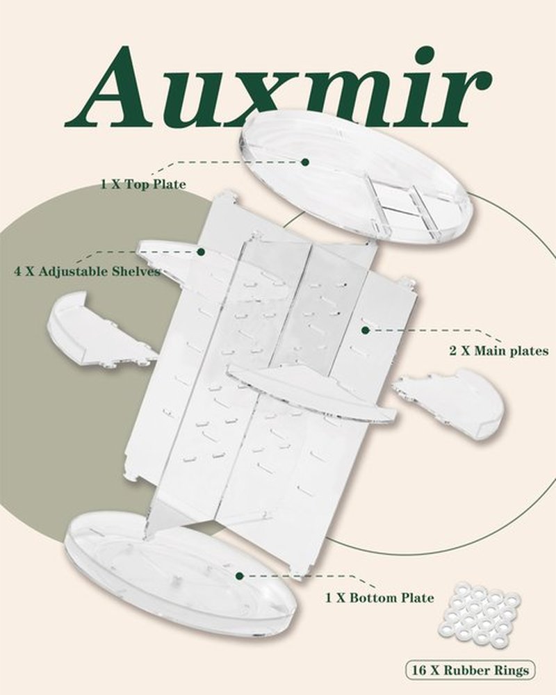 Auxmir Rotating Makeup Organizer, DIY 6 Adjustable Layers Spinning Skincare Organizer, Cosmetic Organizer with Brush Holder Perfume Tray, Multi-Function Storage Carousel for Vanity Bathroom Countertop